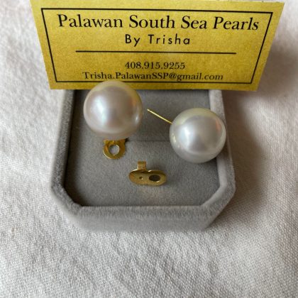 RARE huge 15.6mm White South Sea Pearl Stud Earrings 14k solid yellow gold