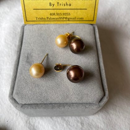 10.3mm Champagne, 12.6mm Choco Brown South Sea Pearl Tribal dangling Earrings/ Catch back,  14k solid yellow gold