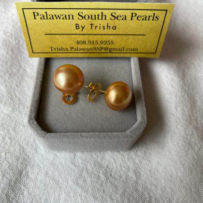 13.1mmDeep Golden South Sea Pearl Stud Earrings 14k solid yellow gold