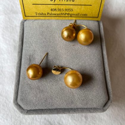 11.3mm Deep Golden, 12.6mm Golden South Sea Pearl Tribal dangling Earrings/ Catch back,  14k solid yellow gold