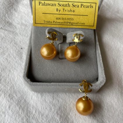 14.8mm 24k Deep Golden South Sea Pearl Chanel inspired dangling Earrings and Pendant SET 14k solid yellow gold