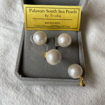 14.2-14.6mm Creamy White South Sea Pearl Earrings, Ring and Pendant SET 14k solid yellow gold