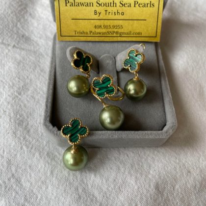 12.8-13.5mm Pistachio Green South Sea Pearl Green VCA inspired dangling Earrings, Ring and Pendant SET 14k solid yellow gold