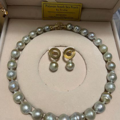 12- 15mm Greenish Rust Baroque South Sea Pearl Strand Necklace & Earrings Set