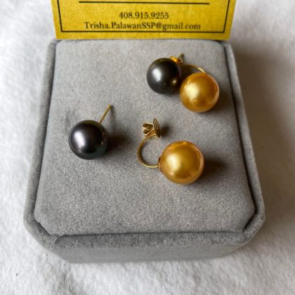 11.7mm Dark Grey, 12.7mm Golden South Sea Pearl Tribal dangling Earrings/ Catch back,  14k solid yellow gold
