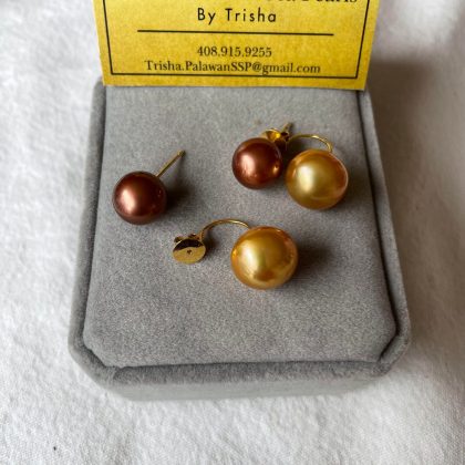 11.6mm Brown, 13.5mm Golden South Sea Pearl Tribal dangling Earrings/ Catch back,  14k solid yellow gold