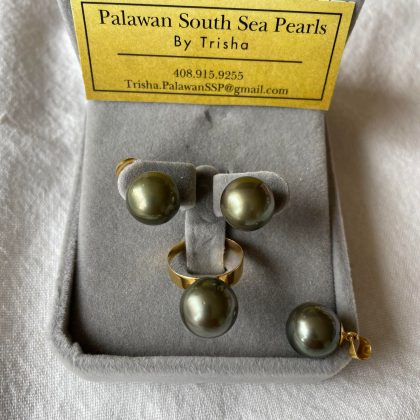 12.2mm Pistachio overtone South Sea Pearl Earrings, Ring and Pendant SET 14k solid yellow gold