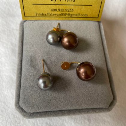 11.2mm Medium Grey, 13.3mm Deep Brown South Sea Pearl Tribal dangling Earrings/ Catch back,  14k solid yellow gold