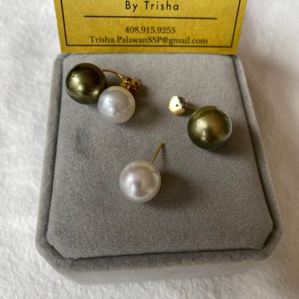 11.5mm White, 13.5mm Pistachio Green South Sea Pearl Tribal dangling Earrings/ Catch back,  14k solid yellow gold