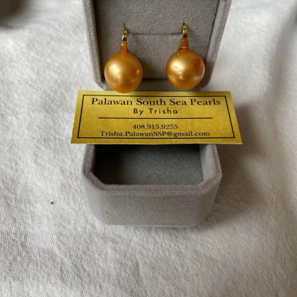 15.2mm Golden South Sea Pearl Dangling Earrings 14k solid yellow gold