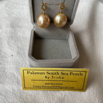 14.7 x 15.9mm Champagne South Sea Pearl Dior Dangling Earrings 14k solid yellow gold