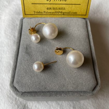 8.1mm -13.5mm White Pinkish overtone South Sea Pearl Tribal dangling Earrings/ Catch back,  14k solid yellow gold