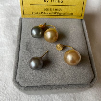 11mm Grey, 13.4mm Champagne South Sea Pearl Tribal dangling Earrings/ Catch back,  14k solid yellow gold