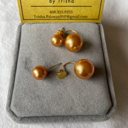 9.3mm Gold Champagne, 13.2mm Deep Golden South Sea Pearl Tribal dangling Earrings/ Catch back,  14k solid yellow gold