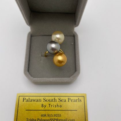 11.3-11.5mm Champagne, Deep Golden & Grey South Sea Pearls, 14k Solid Gold Ring