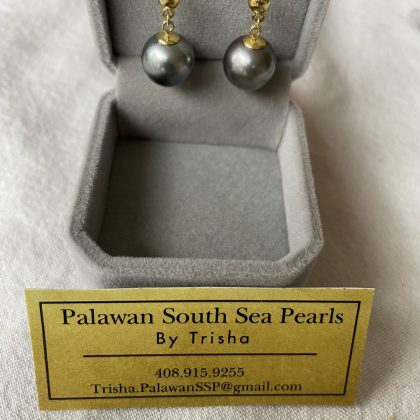 12.2mm Grey South Sea Pearl Damgling Earrings, 14k solid yellow gold
